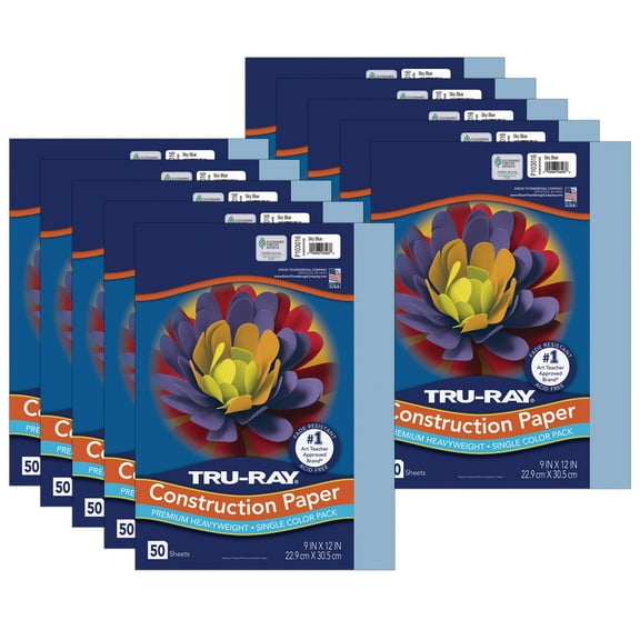 Tru-Ray Construction Paper, Heavyweight, Sky Blue, 9" x 12", 50 Sheets Per Pack, 10 Packs