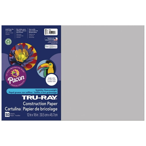 Pacon Tru-Ray Construction Paper, 50 Sheets, 12 in x 18 in, Gray
