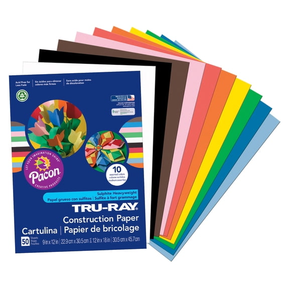 Pacon Tru-Ray Construction Paper, 9" x 12", Assorted Colors - 50 Sheets per pack, 5 packs