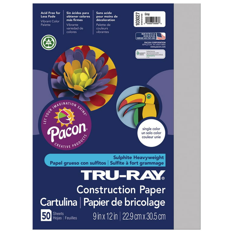 Pacon Tru-Ray Construction Paper, 76 lbs., 9 x 12, Gray, 50