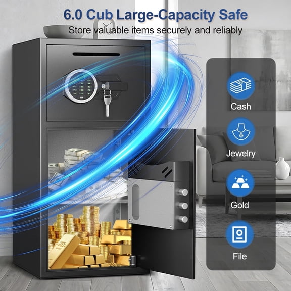 Pacriond 6.0 Cu ft Large Safe Box Fireproof with LED Light for home documents, Fingerprint password personal Safes with Deposit Slot & Dual Alarm System，Security Box fo Valuables