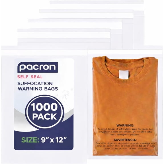 Pacron 1000CT Clear Poly Bags 9x12 – Self-Sealing Tamper-Evident Shipping Bags for Clothing, Jewelry, Retail & E-Commerce