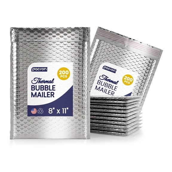 Pacron Thermal Bubble Mailers 8x11 inch 200-Pack - Waterproof Metallic Foil Self-Sealing Padded Envelopes for Cold Shipping, Food, Cosmetics & Pharmaceuticals