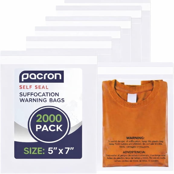 Pacron 2000CT Clear Poly Bags 5x7 – Self-Sealing Tamper-Evident Shipping Bags for Clothing, Jewelry, Retail & E-Commerce
