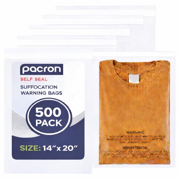 Pacron 500CT Clear Poly Bags 14x20 – Self-Sealing with Suffocation Warning for Shipping