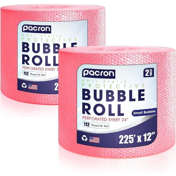 PACRON Anti-Static Bubble Wrap Roll 225FT x 12IN, 3/16" Small Bubbles, 2-Pack, Pink – ESD Protection for Electronics & Fragile Items