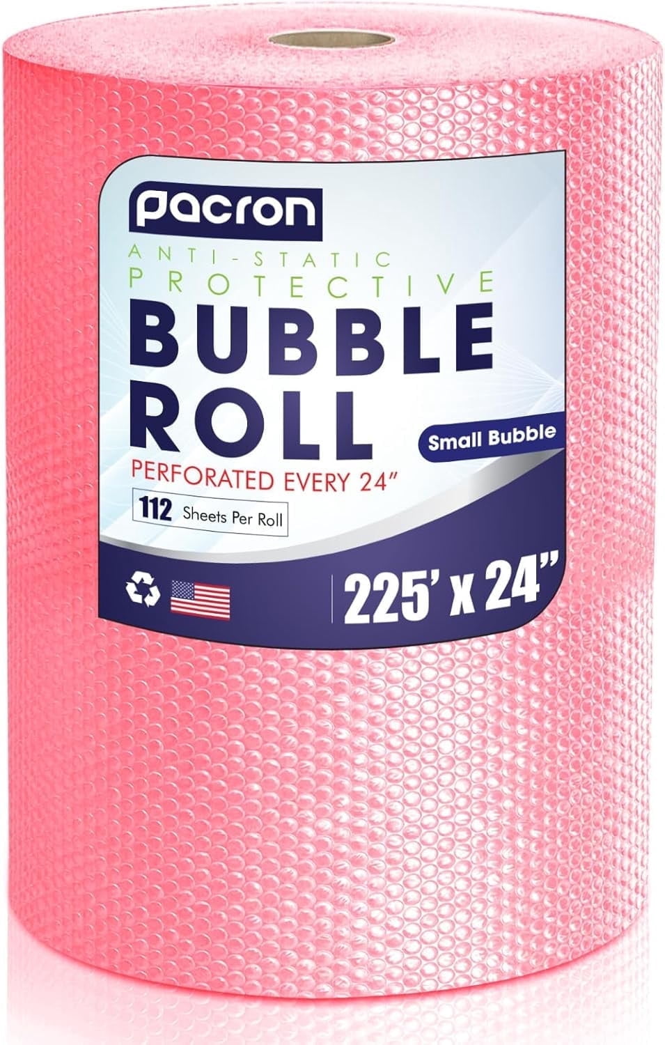 Pacron Anti-Static Bubble Wrap Roll 225FT x 24IN, 3/16" Small Bubbles, Pink – ESD Protection for Electronics & Fragile Items, 112 Sheets per Roll