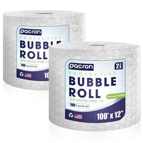 Pacron Clear Bubble Wrap Roll 100FT x 12IN, 5/16" Medium Bubble Roll - Perforated 12IN 2-Rolls, Durable Plastic Wrap for Shipping, Moving, & Storage