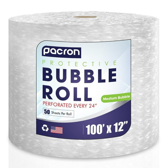 Pacron Clear Bubble Wrap Roll 100FT x 12IN, 5/16" Dense, Perforated 24IN 1-Roll