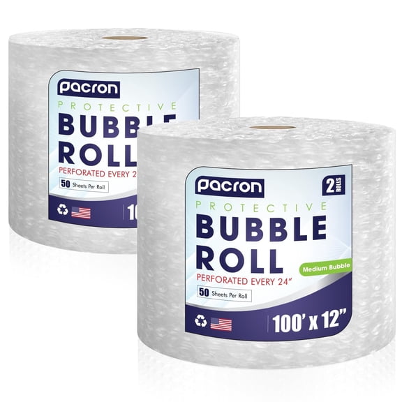 Pacron Clear Bubble Wrap Roll 100FT x 12IN, 5/16" Dense, Perforated 24IN 2-Rolls