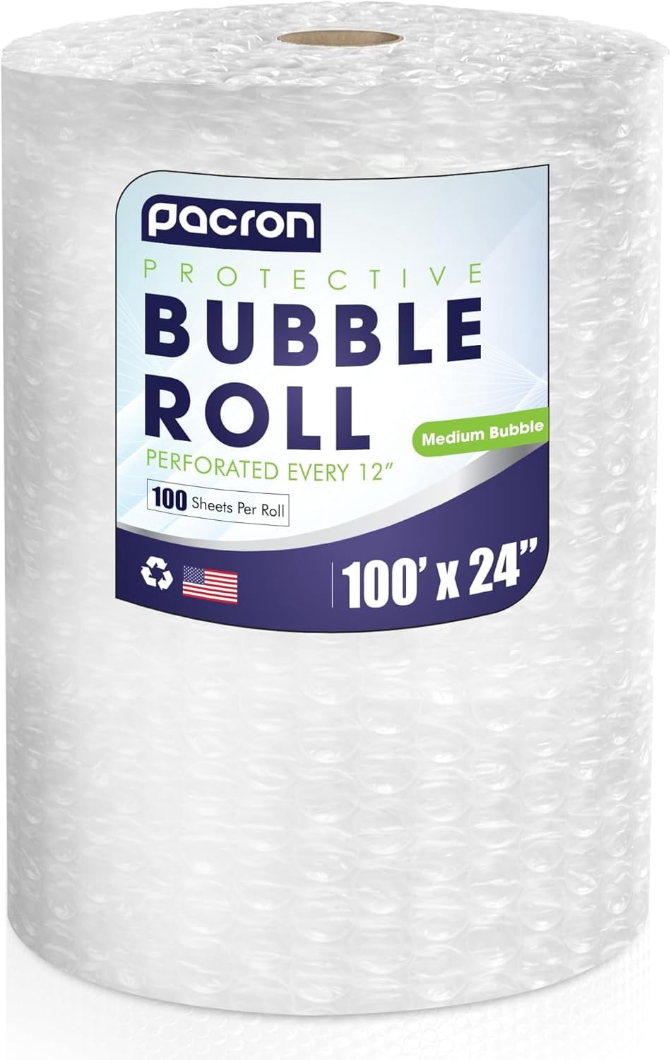Pacron Clear Bubble Wrap Roll 100FT x 24IN, 5/16" Medium Bubble Roll - Perforated 12IN 1-Roll, Durable Plastic Wrap for Shipping, Moving, & Storage