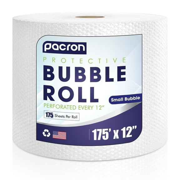 Pacron Clear Bubble Wrap Roll 175FT x 12IN, 3/16" Dense, Perforated 12IN 1-Roll