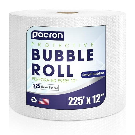 Pacron Clear Bubble Wrap Roll 225FT x 12IN, 3/16" Dense, Perforated 12IN 1-Roll