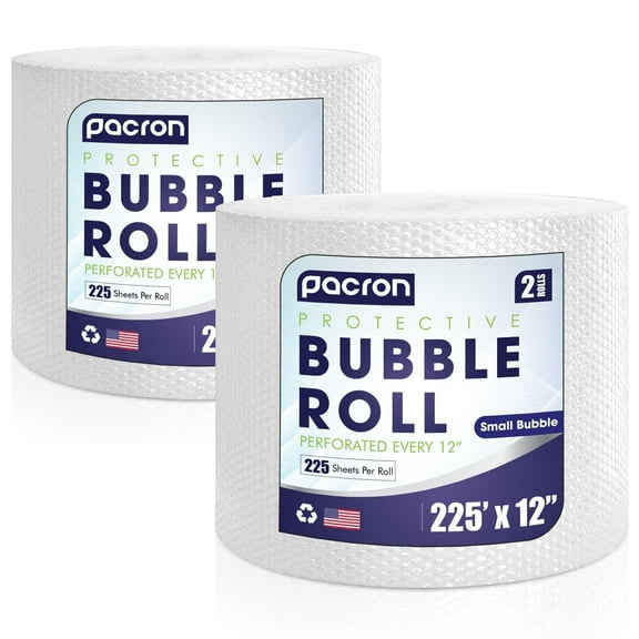 Pacron Clear Bubble Wrap Roll 225FT x 12IN, 3/16" Dense, Perforated 12IN 2-Rolls