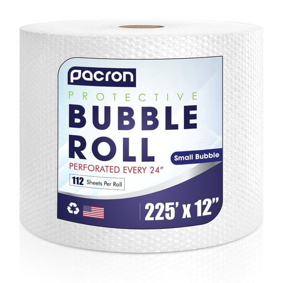 Pacron Clear Bubble Wrap Roll 225FT x 12IN, 3/16" Small Bubble Roll - Perforated 24IN 1-Roll, Durable Plastic Wrap for Moving, Shipping & Storage