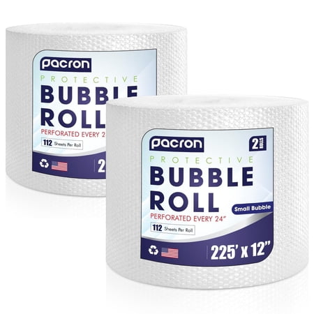 Pacron Clear Bubble Wrap Roll 225FT x 12IN, 3/16" Small Bubble Roll - Perforated 24IN 2-Rolls, Durable Plastic Wrap for Moving, Shipping & Storage