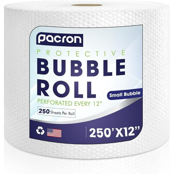 Pacron Clear Bubble Wrap Roll 250FT x 12IN, 3/16" Dense, Perforated 12IN 1-Roll