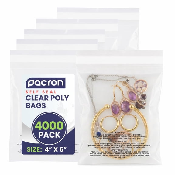 Pacron Clear Poly Bags 4x6, 4000-Pack Self-Seal Suffocation Warning