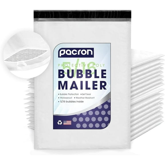 Pacron Poly Bubble Mailers 7.25x12, 50-Pack – Waterproof, Padded Shipping Envelopes