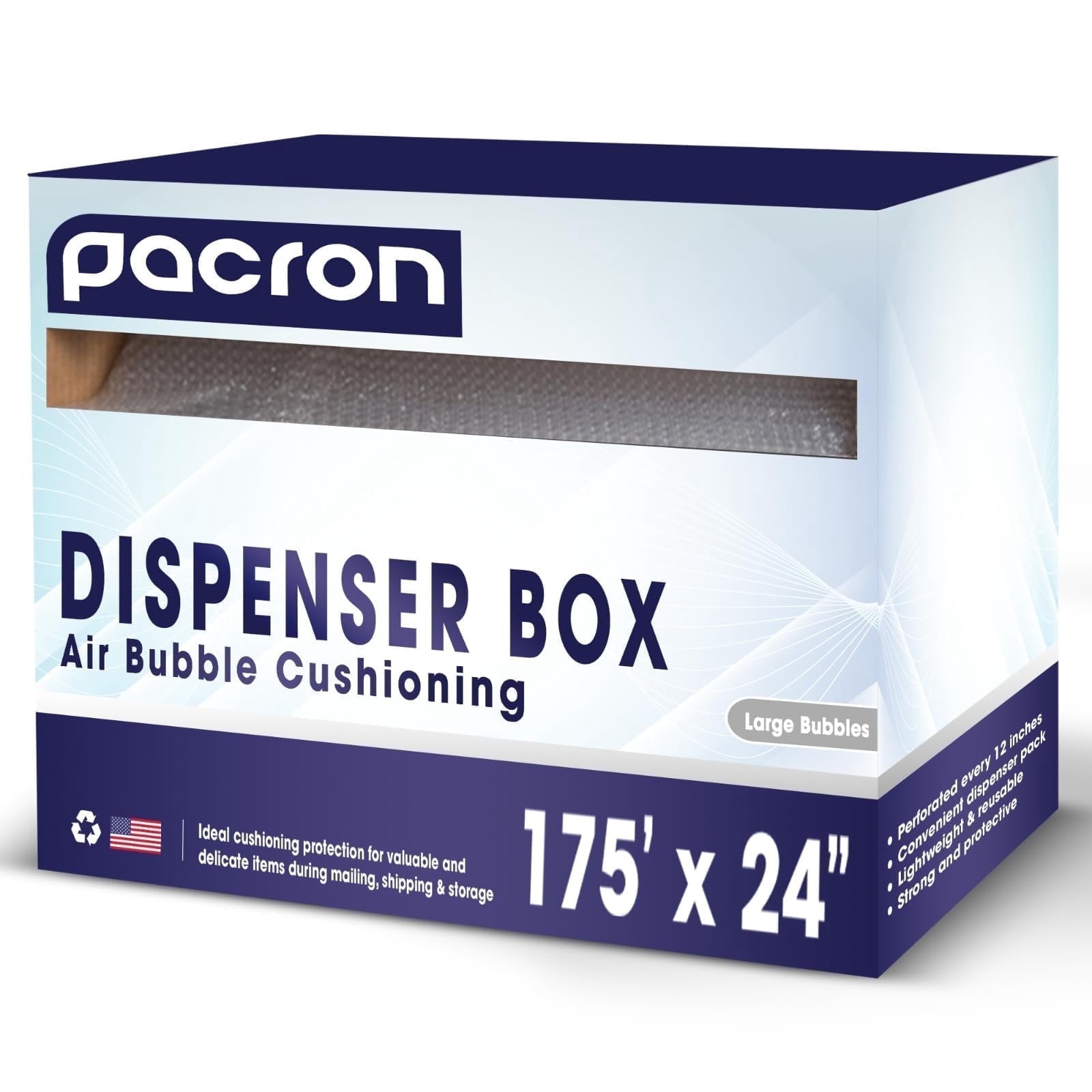 Pacron Protective Bubble Wrap Roll with Dispenser 175FTx24IN - 3/16 small - 12IN Perforated, Durable Plastic Wrap for Moving, Shipping & Storage