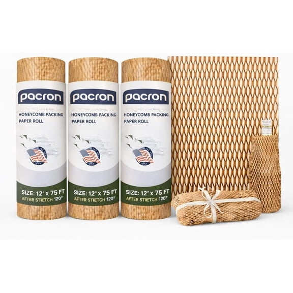 Pacron Recyclable Honeycomb Packing Paper Roll 12x75 – Eco Kraft Wrap for Moving 3-Rolls