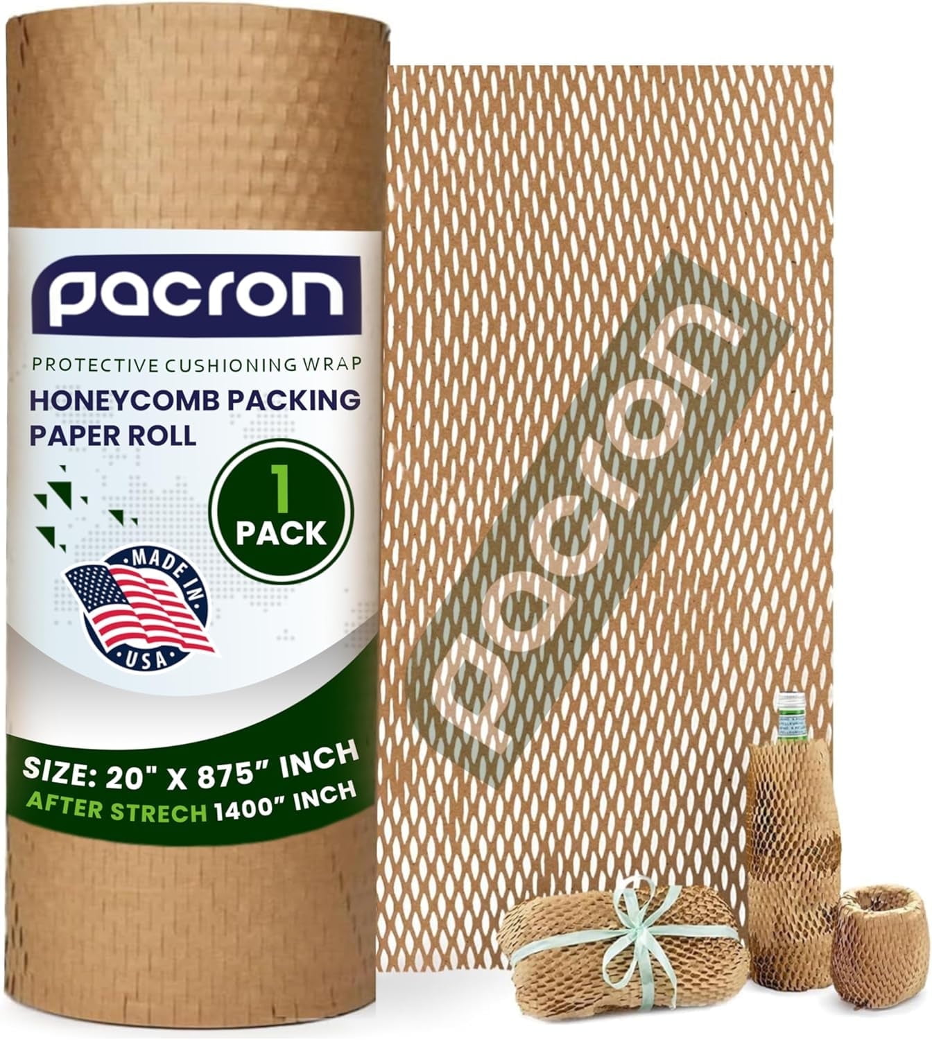 Pacron Recyclable Honeycomb Packing Paper Roll – Eco-Friendly Kraft Wrapping Paper for Shipping, Moving & Gift Packaging – Protective Cushioning Wrap – Made in USA (20” x 875’)