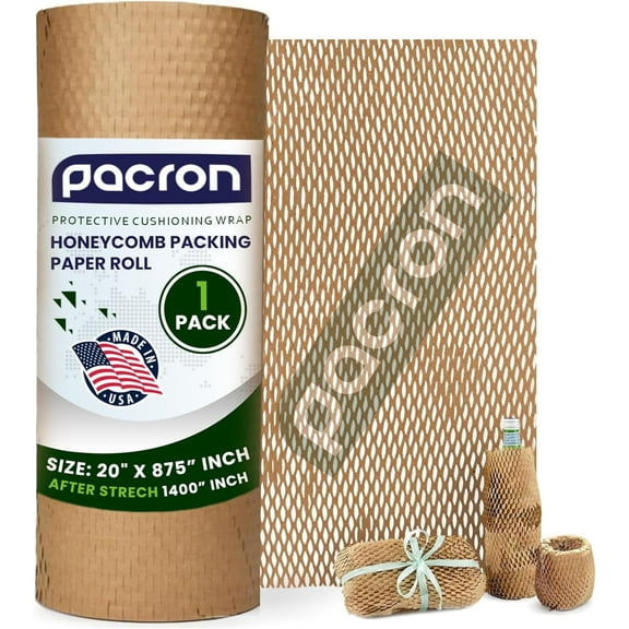 Pacron Recyclable Honeycomb Packing Paper Roll – Eco-Friendly Kraft Wrapping Paper for Shipping, Moving & Gift Packaging – Protective Cushioning Wrap – Made in USA (20” x 875’)