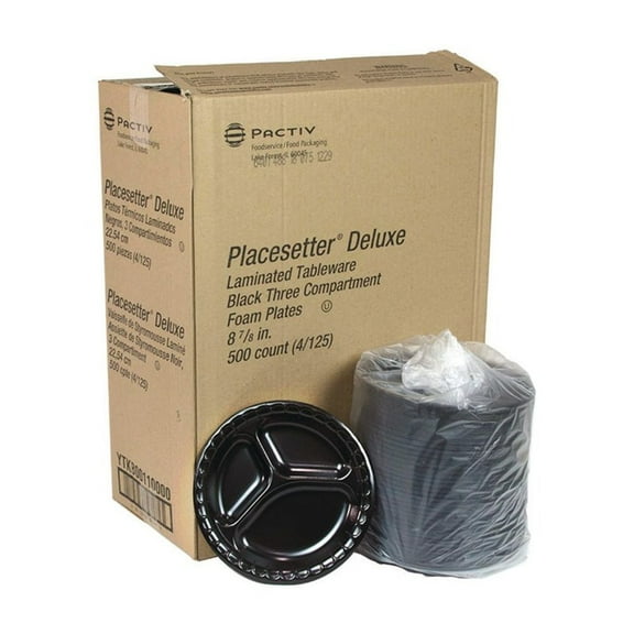 Pactiv Corp. YTKB00110000 9 in. Diameter 3-Compartment Placesetter Deluxe Laminated Foam Dinnerware Plate - Black (500/Carton)
