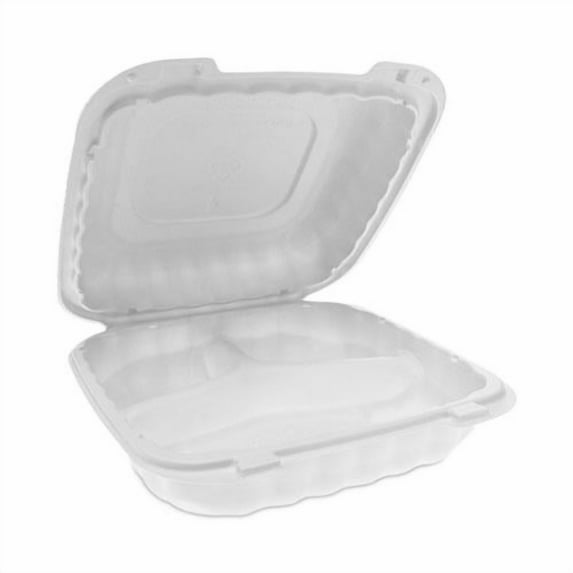 EarthChoice SmartLock Microwavable Hinged Lid Containers 3-Compartment, 8.31 x 8.35 x 3.1, White, 200/Carton