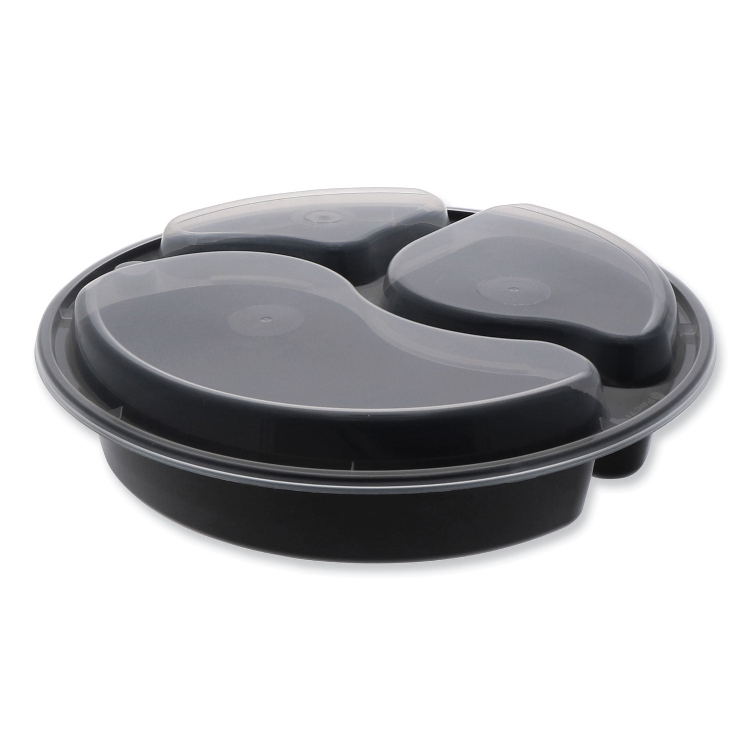 Newspring VERSAtainer Microwavable Containers, Round, 3-Compartment, 39 oz, 9 x 9 x 2.25, Black/Clear, Plastic, 150/Carton Newspring VERSAtainer Microwavable Containers, Round, 3-Compartment, 39 oz, 9 x 9 x 2.25, Black/Clear, Plastic, 150/Carton