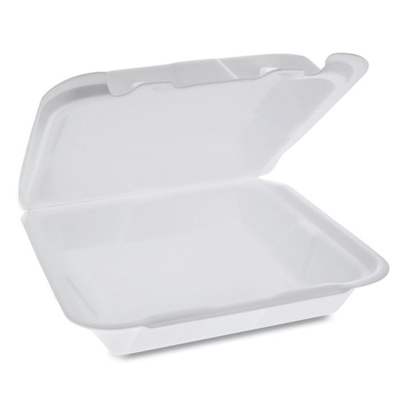 Pactiv Foam Hinged Lid Containers, Dual Tab Lock Happy Face, 8 X 7.75 X 2.25, 1-compartment, White, 200/carton
