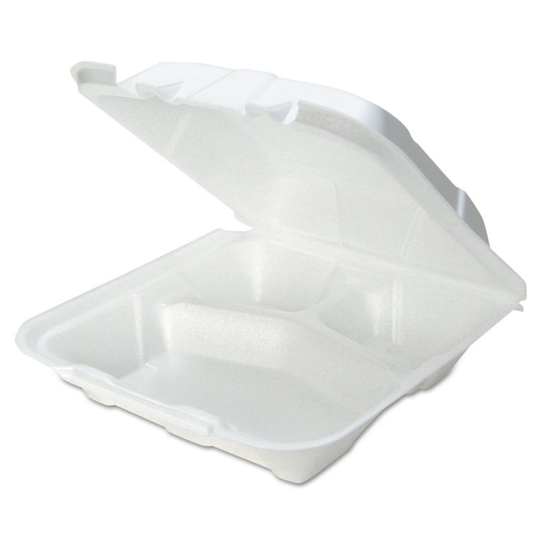 Foam Hinged Lid Containers, White, 9 x 9 x 3.25, 3-Compartment, 150/Carton Foam Hinged Lid Containers, White, 9 x 9 x 3.25, 3-Compartment, 150/Carton