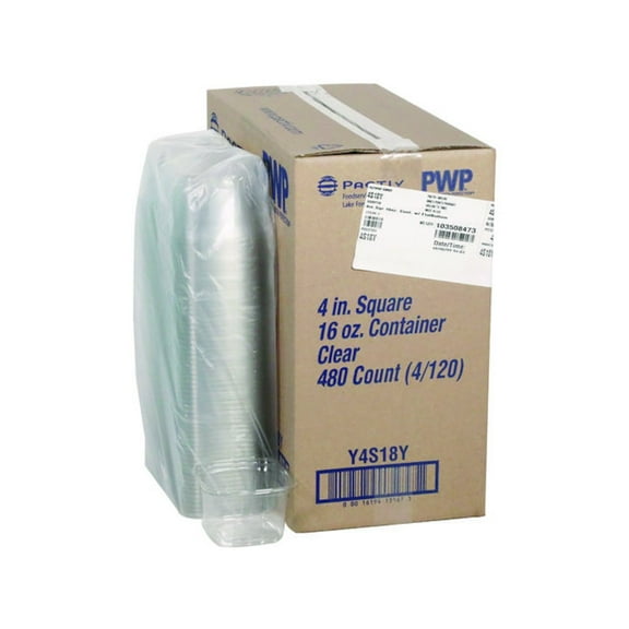 Pactiv PET Square Container, 16 oz, 4 x 4 x 3, Clear, Plastic, 480/Carton