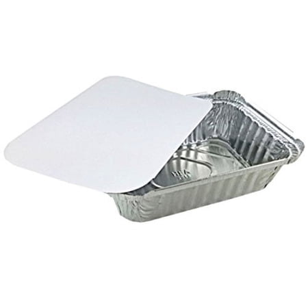 Pactogo 1 1/2 lb. Disposable Oblong Deep Aluminum Foil Take-Out Pan with Board Lid Containers 7.07" x 5.13" x 1.69" (Pack of 200 Sets)