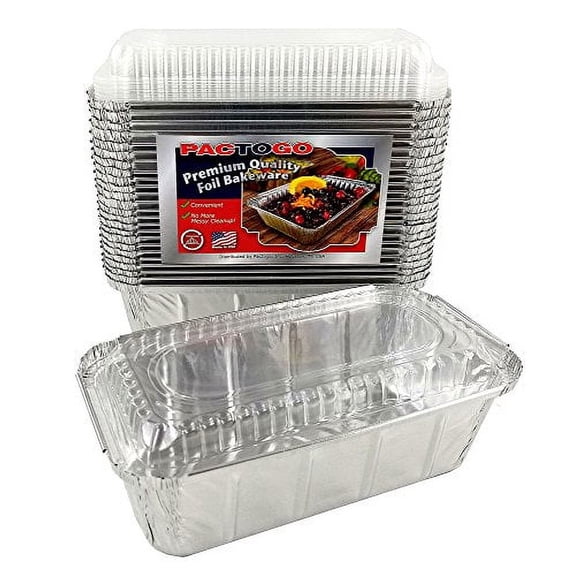 Pactogo 1 1/2 lb. IVC Disposable Aluminum Foil Loaf Bread Pan w/Clear Dome Lid (8" x 4.1" x 2.2") - Heavy Duty Made in USA (Pack of 25 Sets)