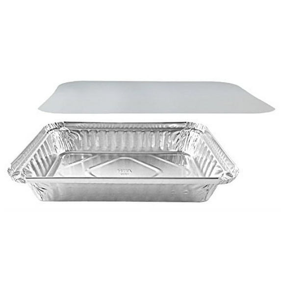 Pactogo 1 1/2 lb. Oblong Shallow Aluminum Foil Take-Out Pan with Board Lid Disposable Containers 8.44" x 5.94" x 1.25" (50 Sets)