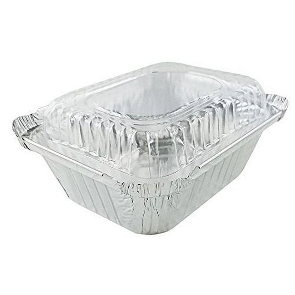 Pactogo 1 lb. Oblong Deep Aluminum Foil Take-Out Pan with Clear Plastic Dome Lid Disposable Containers 5.56" x 4.56" x 1.62" (12 Sets)