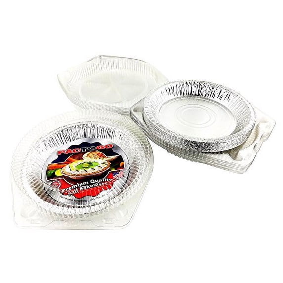 Pactogo 10" (Actual Top-Out 9-5/8 Inches - Top-In 8-3/4 Inches) Aluminum Foil Pie Pan - Disposable Baking Tin Plates with Clear Plastic Hinged Containers (Pack of 100 Sets)