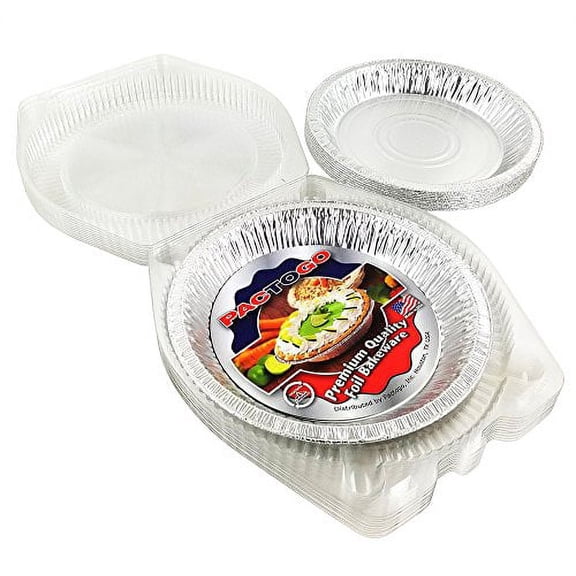Pactogo 10" (Actual Top-Out 9-5/8 Inches - Top-In 8-3/4 Inches) Aluminum Foil Pie Pan - Disposable Baking Tin Plates with Clear Plastic Hinged Containers (Pack of 25 Sets)