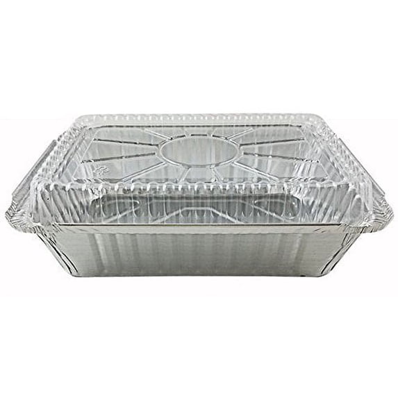Pactogo 2 1/4 lb. Oblong Deep Aluminum Foil Take-Out Pan with Clear Plastic Dome Disposable Containers 8.44" x 5.94" x 1.81" (Pack of 500 Sets)