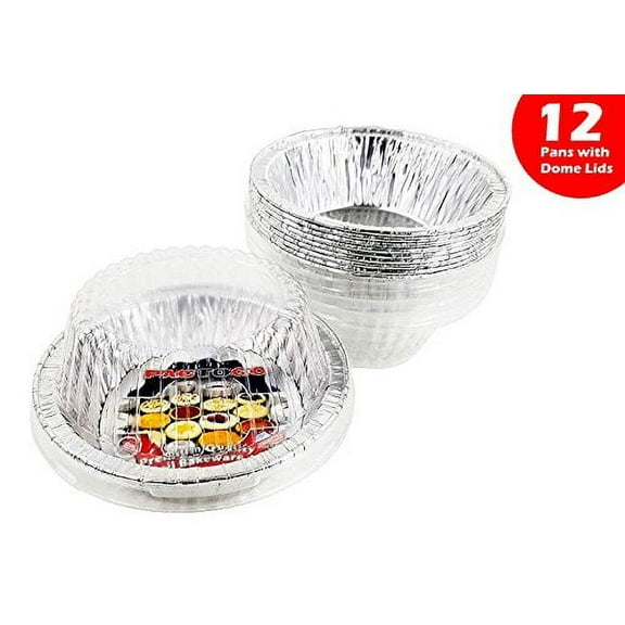 Pactogo 5 3/4" Aluminum Foil Meat Pot Pie Pan w/Clear Dome Lid Disposable 12 oz. Cooking Baking Tin - Heavy Duty Made in USA (Pack of 12 Sets)