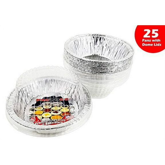 Pactogo 5 3/4" Aluminum Foil Meat Pot Pie Pan w/Clear Dome Lid Disposable 12 oz. Cooking Baking Tin - Heavy Duty Made in USA (Pack of 25 Sets)