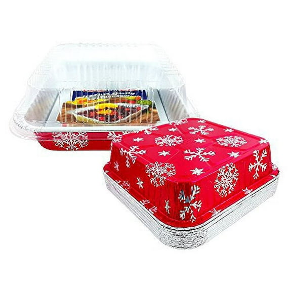 Pactogo Red Holiday Christmas Square Cake Aluminum Foil Pan w/Clear Dome Lid Disposable Baking Tins (Pack of 10 Sets)