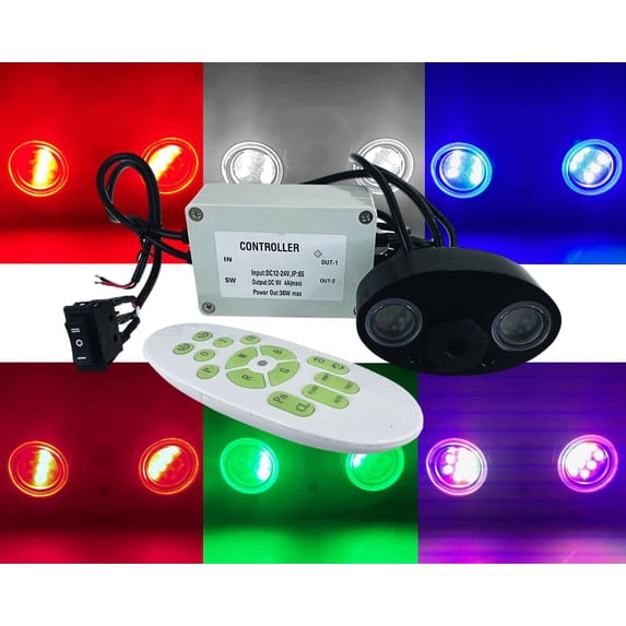 Pactrade Marine Black Aluminum Housing Plug/Transom Underwater Light DC12-24V LED Waterproof IP68 36W Max LED Lengthy Wired with 433MHz Remote Control Red Green Blue White (Double LEDs)