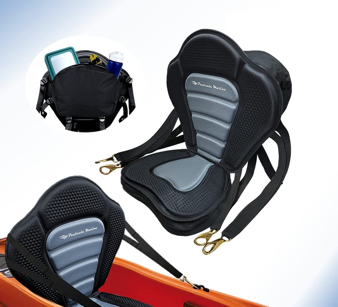 Pactrade Marine Boat Adjustable Straps Black Gray Extra Padded Deluxe Kayak Seat Detachable Storage Backpack Bag Canoe Backrest Support Cushion Sit on Top Fishing Brass Clips (1)
