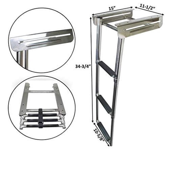 Pactrade Marine Boat Stainless Steel 3 Step Telescopic Ladder Over Platform