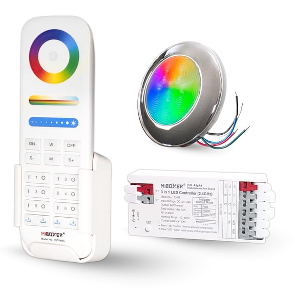 Pactrade Marine LED Courtesy Lights RGBW - 3-Inch Light+Remote Kit (5-Wire) - Stainless Steel Surface Mount - Controller-Operated Dimmable Color-Changing Interior Boat Lights, Marine-RV Ready 12V