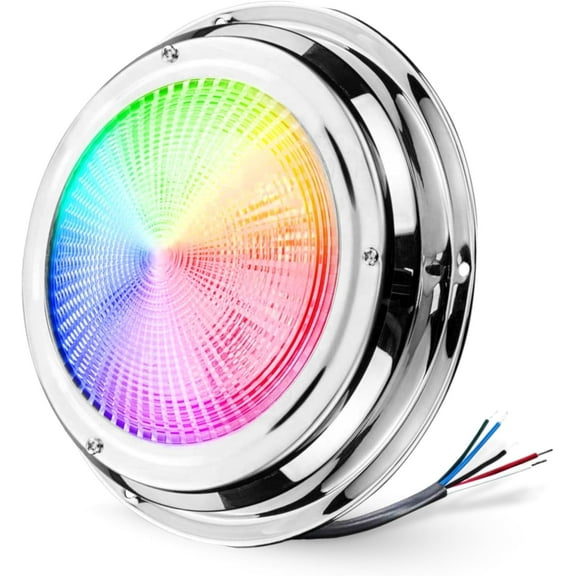Pactrade Marine LED Dome Light RGBW - 4-Inch Lens, Remote Control Light (5-Wire, Requires LED Controller) - Stainless Steel Surface Mount - Interior Boat Lights, Marine-RV Ready (12V)