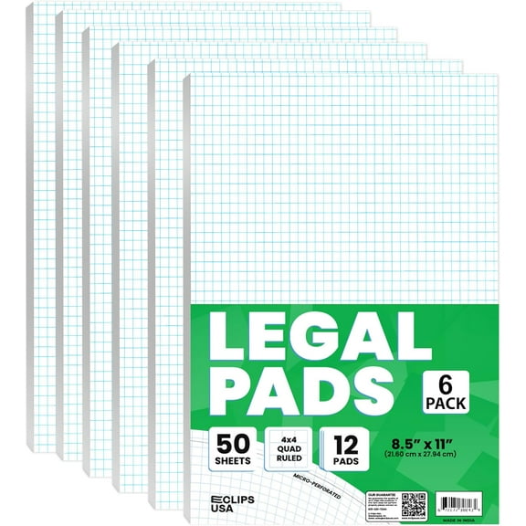 Pad, Notebook, 4 x 4 An Inch Quad Ruled Pad, Pads 8.5 x 11, Drafting Paper, 50 Sheets Per Pad (6 Pack)