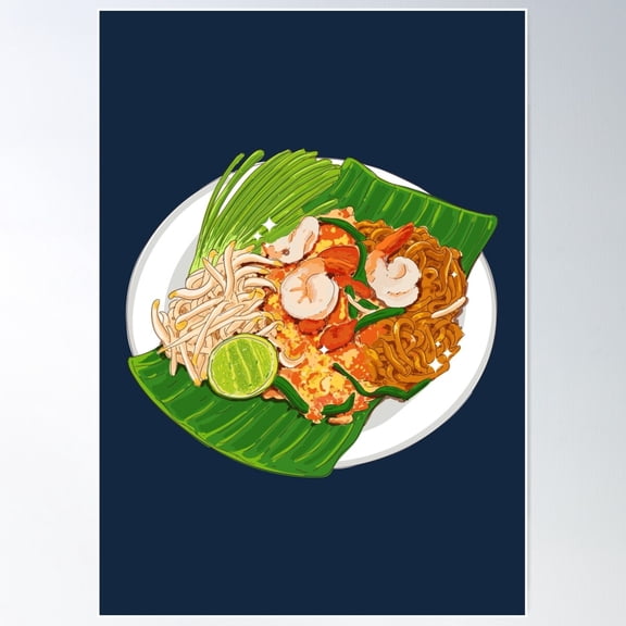 Pad Thai Fried Rice Noodles Served On A Banana Leaf Poster Wall Art, Modern Wall Decor For Living Room Bedroom, 8x12 UNFRAMED